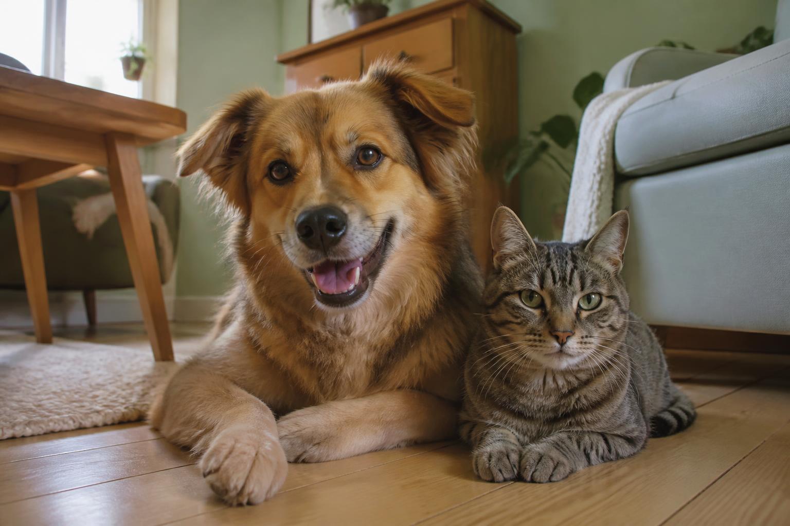 Vrolijke hond en kat samen in een knusse woonkamer