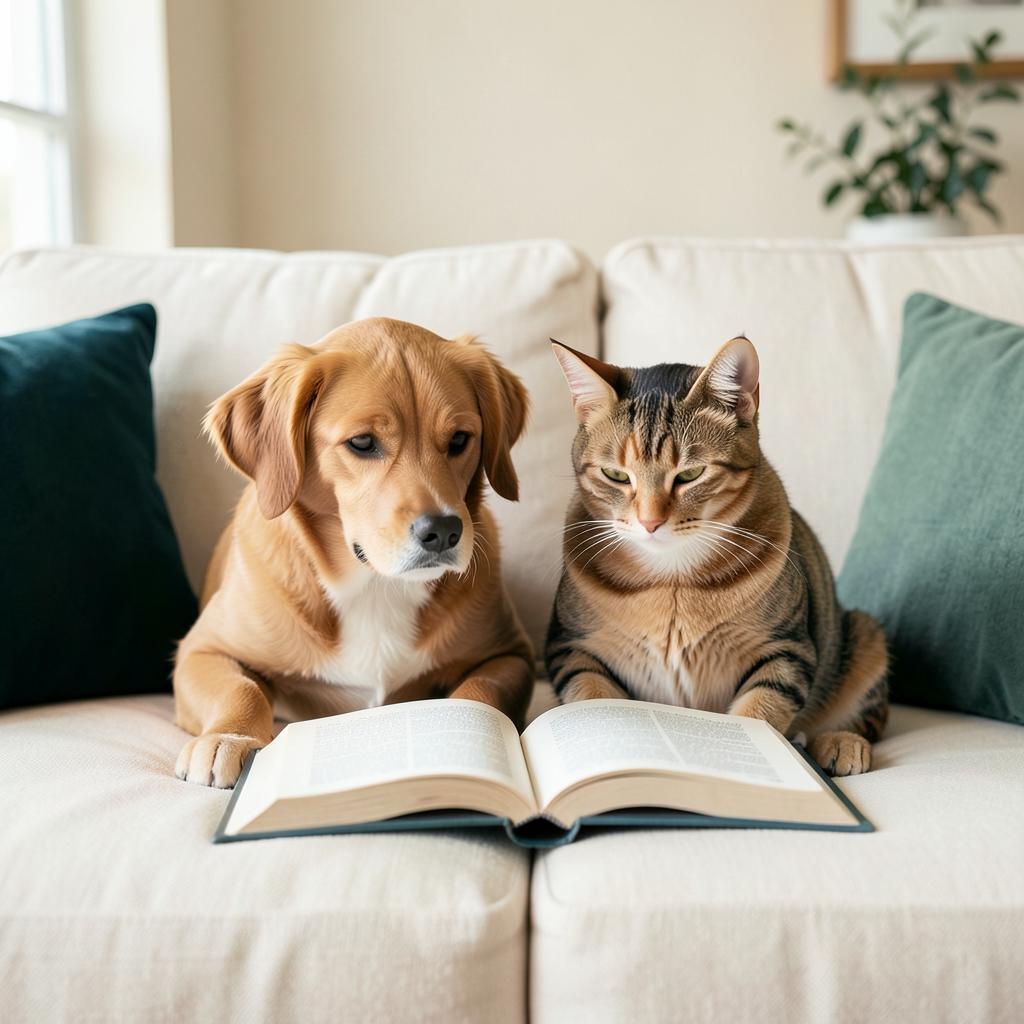 Hond en kat kijken samen in een open boek op de bank