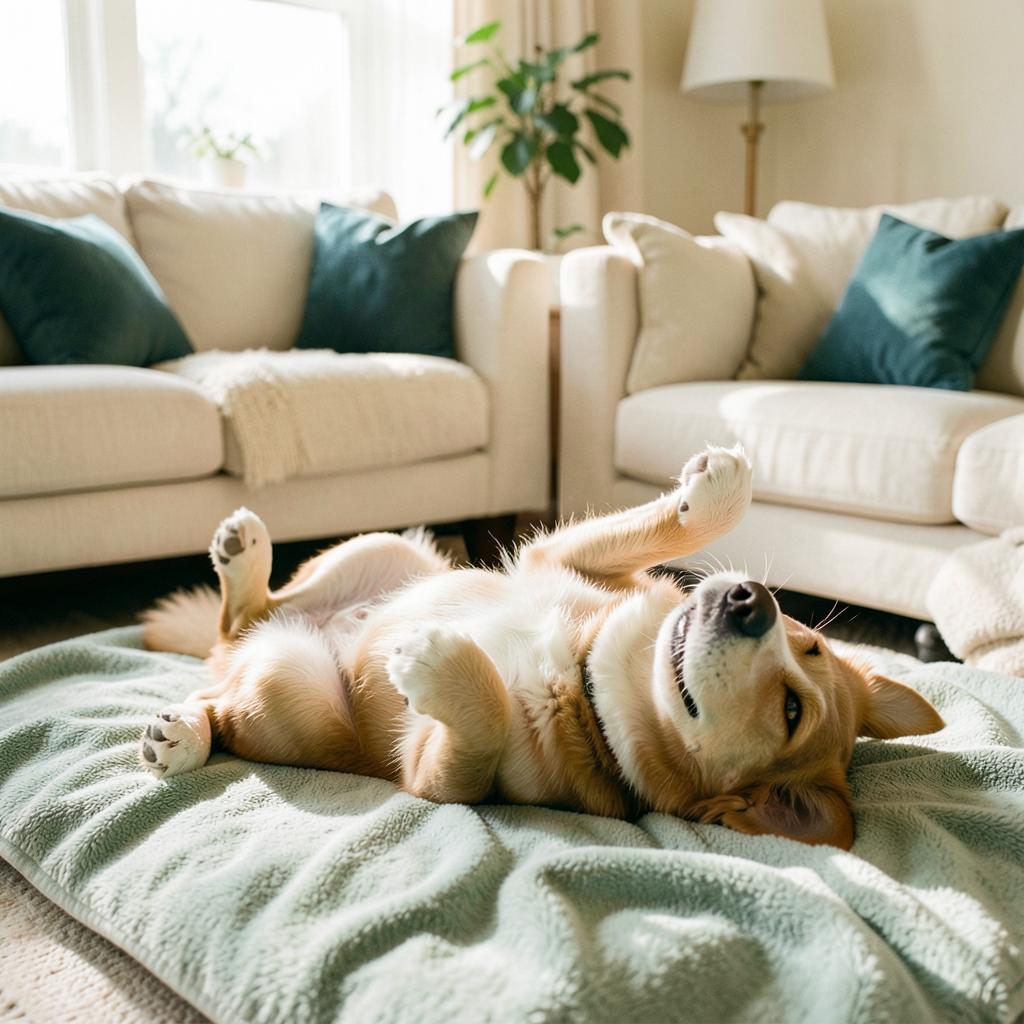 Blije hond die speels op zijn rug ligt op een saliegroen kleed